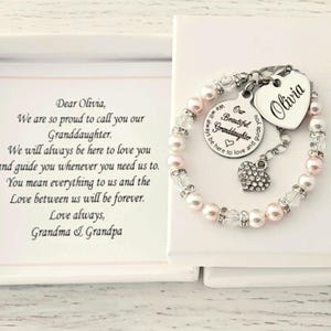 Granddaughter Personalised Name Bracelet Gift from Grandparents  Handmade Jewellery UK Child Teen Heart Charm Pearl Gift for Granddaughter