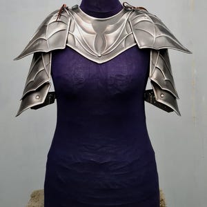 May include: Silver plated shoulder armor with a decorative design. The armor is made of metal and has a textured surface.