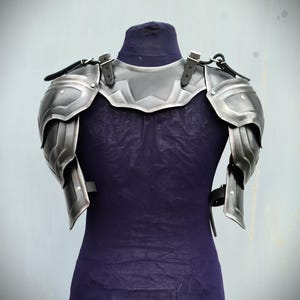 May include: A pair of silver metal shoulder armour pieces with black leather straps. The armour is worn on a purple mannequin.