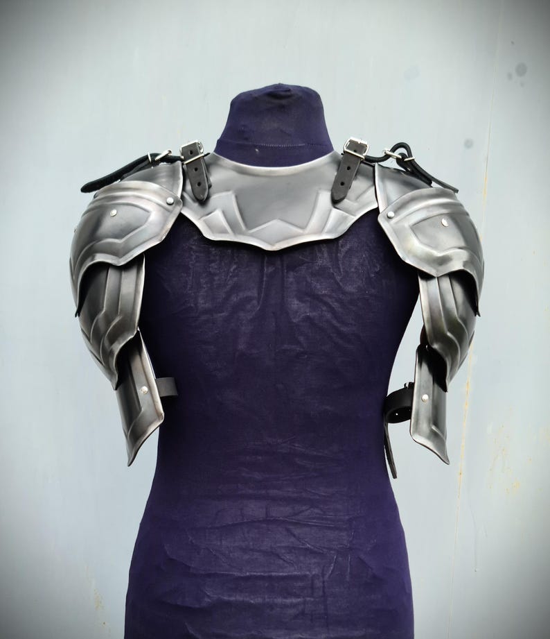 May include: A pair of silver metal shoulder armour pieces with black leather straps. The armour is worn on a purple mannequin.