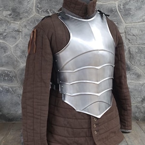 May include: A silver-colored metal breastplate with a curved design and a quilted brown jacket underneath.