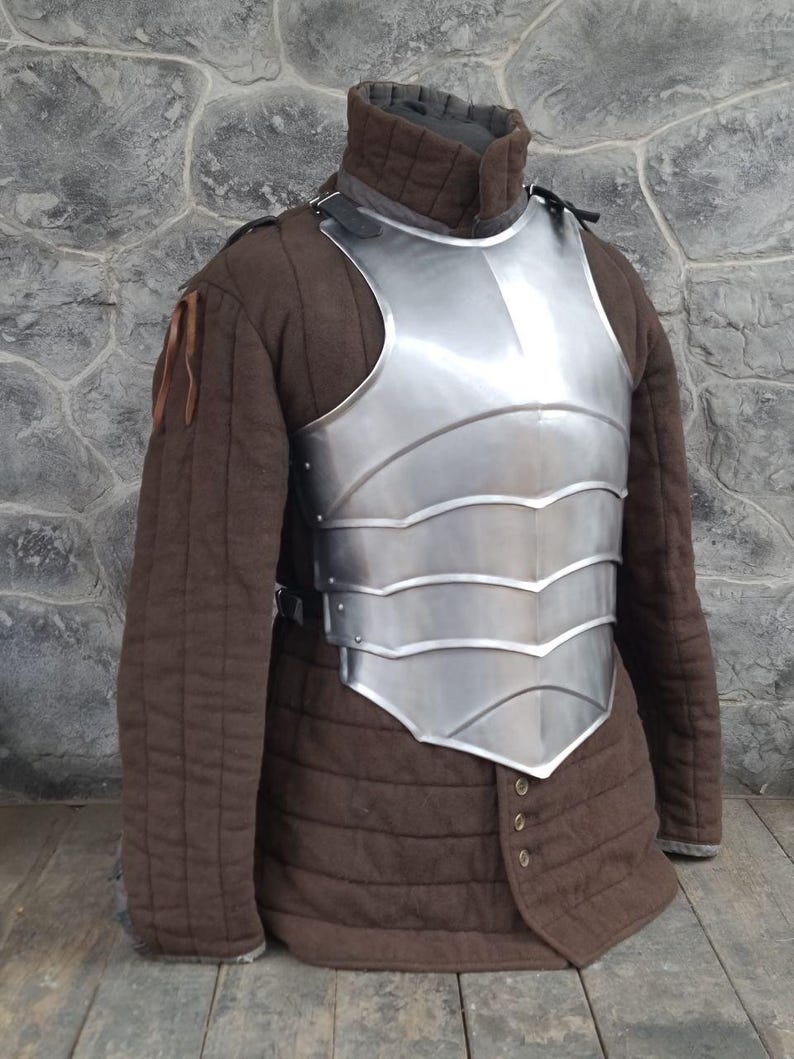 May include: A silver-colored metal breastplate with a curved design and a quilted brown jacket underneath.
