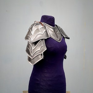 May include: Silver plated shoulder armor with a decorative design. The armor is displayed on a purple mannequin.