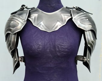 Blackened Steel Pauldrons & Gorget: Female Knight Armor, LARP Cosplay Set