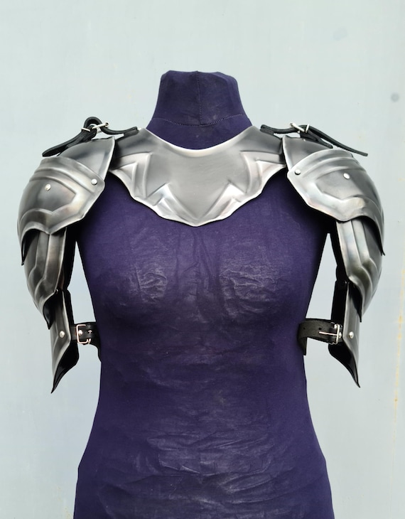 Blackened Steel Pauldrons & Gorget: Female Knight Armor, LARP Cosplay Set