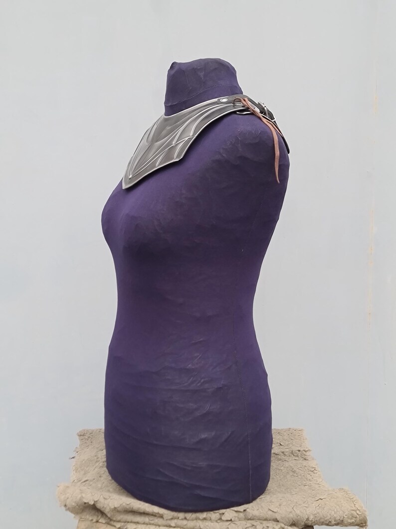 May include: A silver-colored metal collar with a leather strap, displayed on a purple fabric mannequin.
