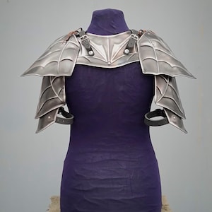 May include: Silver plated shoulder armor with a decorative design. The armor is made of metal and has straps for attaching it to the body.