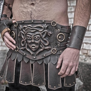 Gladiator Leather Belt Skirt – Warrior Battle Belt with Gorgon Design, LARP & Cosplay Armor, Handmade Waist Protection