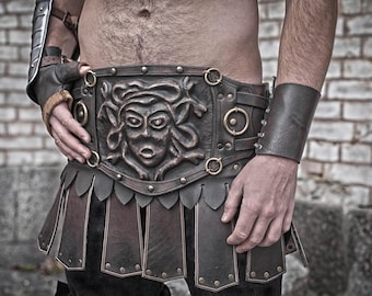 Gladiator Leather Belt Skirt – Warrior Battle Belt with Gorgon Design, LARP & Cosplay Armor, Handmade Waist Protection