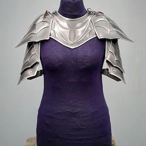 May include: Silver plated shoulder armor with a decorative design. The armor is displayed on a purple mannequin.