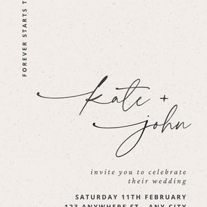 Può includere: Un biglietto d'invito per matrimonio color crema con una finitura in carta ruvida. Il testo recita: FOREVER STARTS TODAY, Kate + John, invite you to celebrate their wedding, SATURDAY 11TH FEBRUARY, 123 ANYWHERE ST., ANY CITY, rsvp to: +123-456-7890.