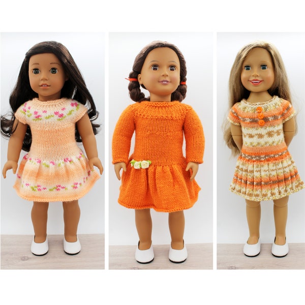 Modèle de tricot pour trois robes pour poupées de 18 pouces comme American Girl, Our Generation, Maplelea Girl, Dollfriends et autres poupées similaires