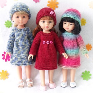 Knitting pattern for Dress and Hat for Paola Reina doll (12"/32 cm) and Corolle Les Cheries doll (13"/33cm).