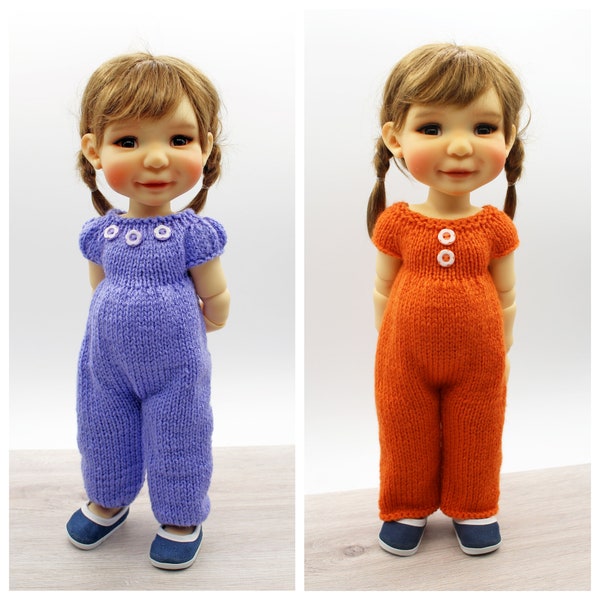 Knitting pattern for Meadowdolls Mae and Aya Moppets dolls ( 38cm/15”). Instraction for two Jumpsuits.