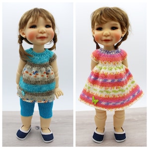 Knitting pattern for Meadowdolls Mae and Aya Moppets dolls ( 38cm/15”). Pattern for dress, top and shorts.