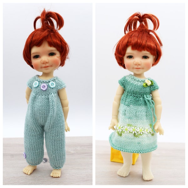Knitting pattern for jumpsuit and dress for My Meadow Dumplings dolls (11”/28cm)