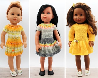 Knitting Pattern for Three Dresses  for Paola Reina Soy Tu doll ( 45 cm ) and Llorens ( 42 cm ) dolls.