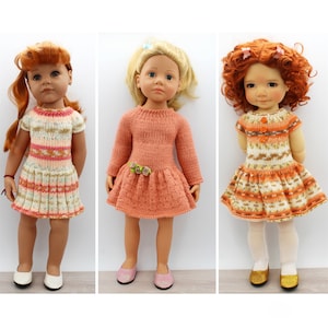 Patrón de tejido para tres vestidos para muñecas de 18 pulgadas como Big Bailey, Gotz Hanna y Happy Kids.