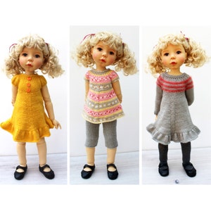 Knitting pattern for two dresses, top and short pants for Meadowdolls LL Ardyn and Masha dolls.