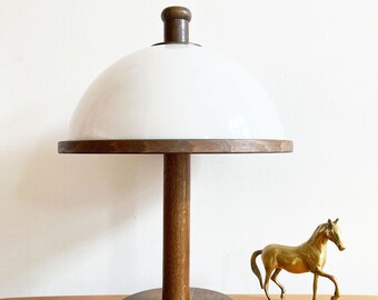 Wooden vintage table lamp with white shade. Retro design lamp - Steinhauer?