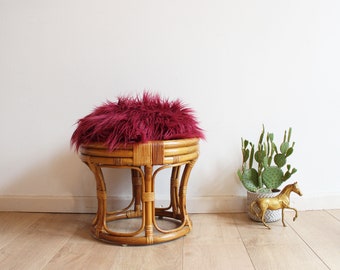 Vintage rattan stool with plush cushion. Wicker retro stool / rattan stool