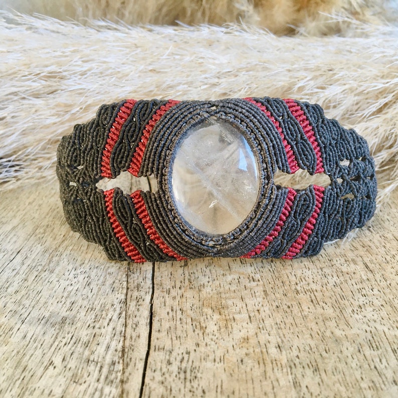 Cuff bracelet quartz gemstone cabochon micro macrame art