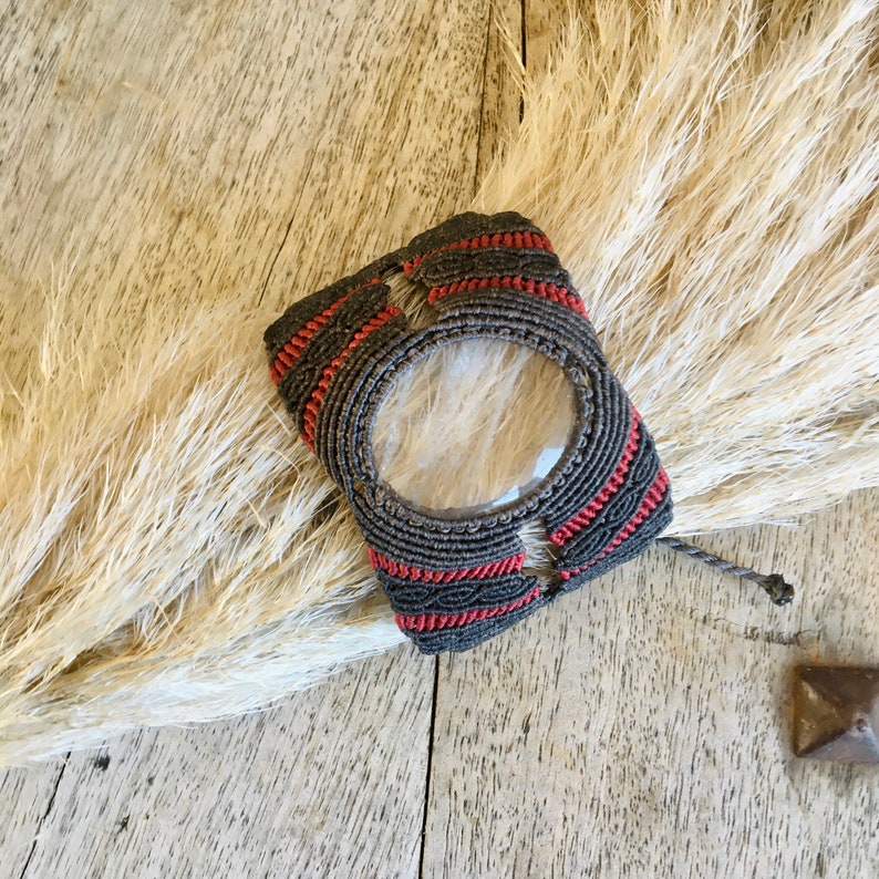 Cuff bracelet quartz gemstone cabochon micro macrame art