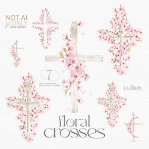 Aquarell Blumen Kreuz Clipart, Religiöse Ostern Clipart, Taufkreuz, Erstkommunion PNG, Sakura Blumen, Frühlingsblumen, Holzkreuze