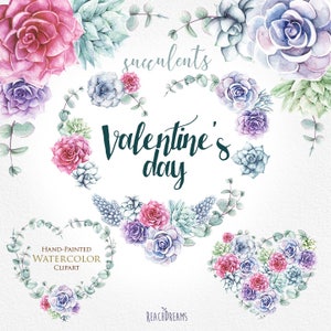 Saint Valentin, aquarelle succulentes clipart, ressources cadres de cœur, couronne, bouquets, amour, eucalyptus floral, plantes peintes à la main