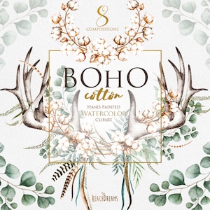 Watercolor Cotton Clipart, Boho Feathers, Horns, Antlers, Deer, Floral cotton balls, Eucalyptus leaves, Wedding Invitation, Bridal Shower