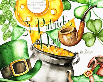 St. Patricks Day, Watercolor Saint Patrick's Day Сlipart, Shamrock Clipart, transparent, digital png, printable, green, gold