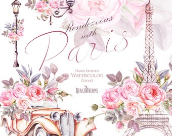 パリの水彩クリップアート、フランス、エッフェル塔、フランス、バラの