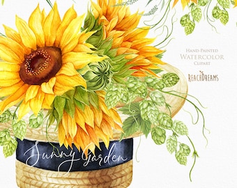 Sunflowers Watercolor Flower clipart, Hand painted, DIY Clip Art, Summer Herb, Bohemian Boho, floral invitation, greeting card, PNG files
