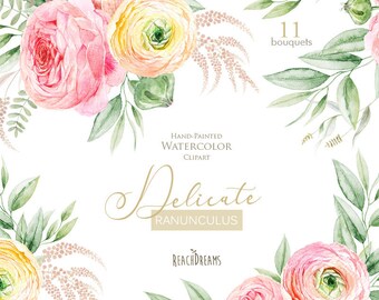 Ranunculus, Delicate Flowers, Hand Painted, Digital Floral Clipart, Bouquets, Watercolour DIY invites, Wedding invitations, Bridal template