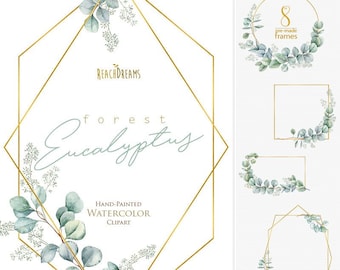 Eucalyptus Frames, Watercolor Geometric Floral clipart, foliage, greenery, gold, wedding, bridal, delicate, nature, branch, gentle leaves