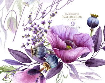 Könnte beinhalten: Aquarell-Clipart mit neun Sträußen lilafarbener Blumen, darunter Mohnblumen, Lavendel und Eukalyptusblätter. Die Sträuße sind kreisförmig angeordnet und vor einem weißen Hintergrund platziert. Der Text "Violetta" ist in einer kursiven Schrift oben im Bild geschrieben. Der Text "Handgemaltes Aquarell-Clipart" ist in einer serifenlosen Schrift unter den Sträußen geschrieben. Der Text "9 Sträuße" ist in einer serifenlosen Schrift unter dem Text "Handgemaltes Aquarell-Clipart" geschrieben.