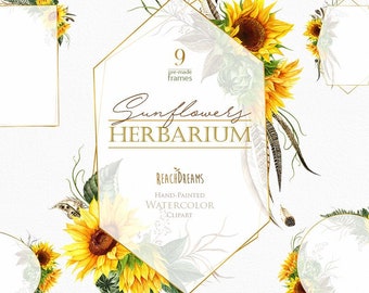 May include: Watercolor clipart set of nine pre-made frames featuring sunflowers, feathers, and greenery. The frames are perfect for adding a touch of nature to your designs. "Sunflowers Herbarium" and "ReachDreams" are written in the center of the image.