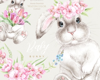Watercolor Bunny. Little animals clipart, rabbit, babies portrait, woodland, forest, spring flowers, kids cute, nursery art, baby shower