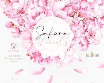 Sakura Elements. Watercolor floral clipart, cherry blossom, pink, flowers, wedding, bridal, branch, delicate, gentle, fresh, spring garden