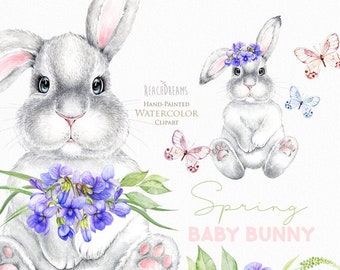 Bunny, Watercolor, little animals, Easter, spring, floral clipart, bunnies, rabbit, butterflies, cute, country, nursery art, baby shower