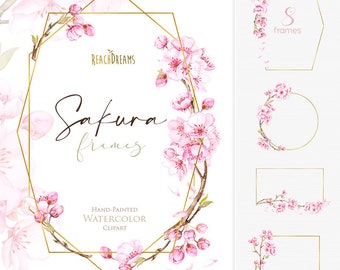 Sakura Frames. Watercolor Floral Geometric clipart, pink, gold, cherry blossom, flowers, wedding, bridal, delicate, spring, branches, png