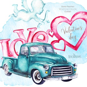 Valentine's Day Clipart, Watercolor Vintage turquoise Truck, Cupid, single letters, hearts, pink, Valentine love, valentines retro trucks,