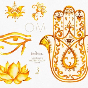 Clipart acquerello, Hamsa, Tutti vedendo occhio, loto, India, hamsa mano arte, oro, yoga, meditazione, om simbolo, mandala, yoga stampabile