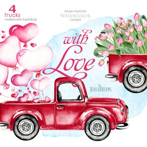 Valentijnsdag, aquarel Vintage rode vrachtwagen, Valentijnsliefde, harten, bloemenroze tulpen, enveloppen, luchtballonnen, Valentijnsdag retro vrachtwagens