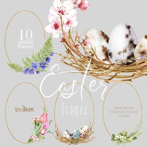 Clipart acquerello pasquale, cornici, uova, floreale, piume, nido, fioritura, fiori primaverili, tulipani di Pasqua, sakura, biglietti d'auguri di Pasqua