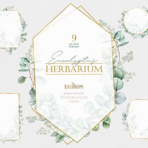 Marcos de eucalipto de acuarela, hojas, imágenes prediseñadas, floral verde, oro, geometría, herbario, hoja, boda, plantilla de novia, invitaciones