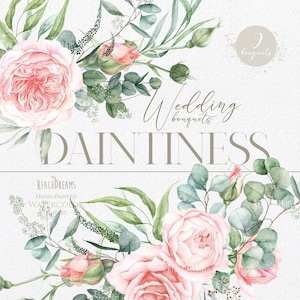 Eucalyptus floral clipart, fleurs rose clair, roses de chou de verdure, bouquets d’aquarelle, invitations de mariage, Boho Boho, peint à la main