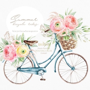 Bicycle with flowers, vintage, summer bouquets, ranunculus, velo, watercolor clipart,  floral compositions, rustic, boho, digital