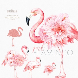 Acquerello Flamingo, Fiori, Clipart tropicale, Uccelli, Oro rosa, Tenero Rosa, Hibiscus, Tropic Floral, Festa estiva, Invito di nozze