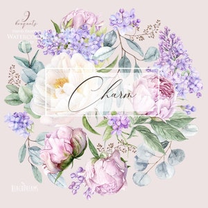 Clipart floral, Pivoines, Lilas, Eucalyptus, Fleurs de printemps, Lumière, Bouquets d’aquarelle, Boho Boho, Invitations de mariage, png